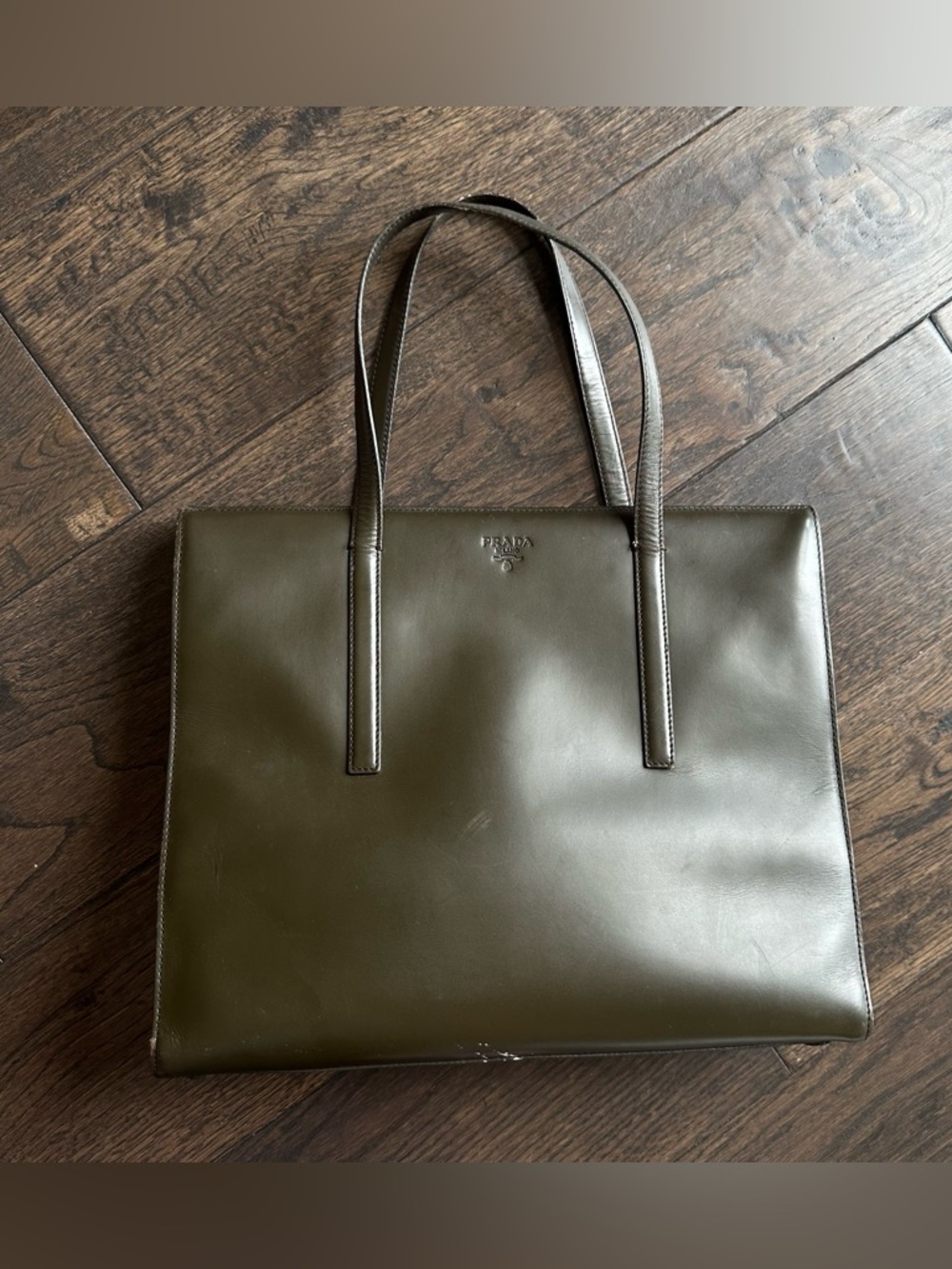 PRADA Logo Dark Green Tote Bag Smooth Learher Shoulder Bag